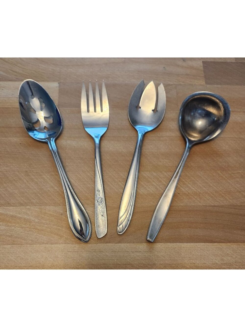 Set of 4 Mismatched Stainless Steel Serving Utensils Slotted Spoon, Forks, Ladle